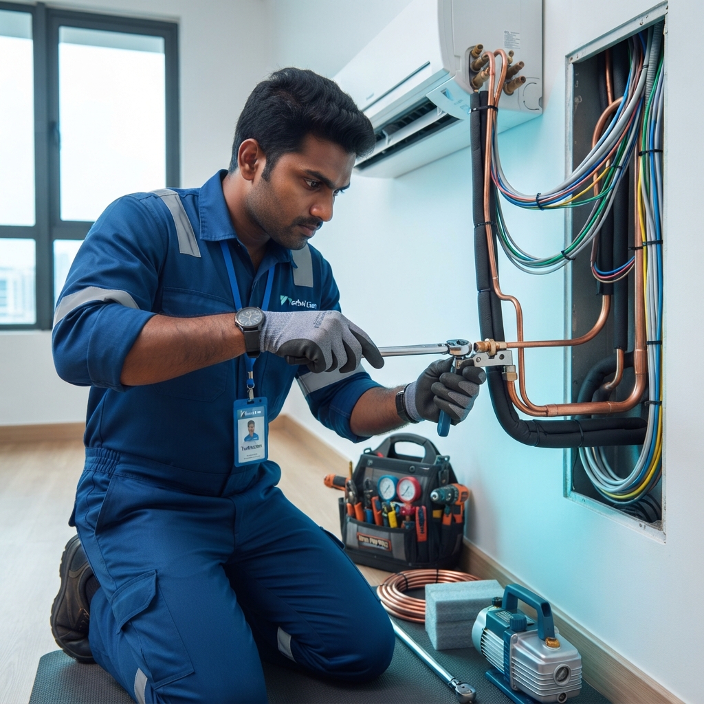 Technician checking aircon performance during a maintenance visit